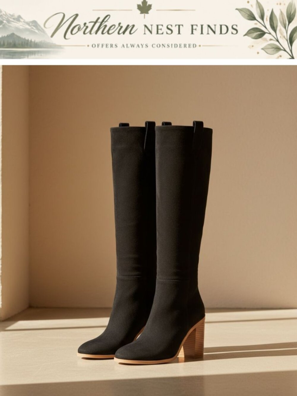 Suede Leather Knee High Cowboy Boots Slouchy Block Heel